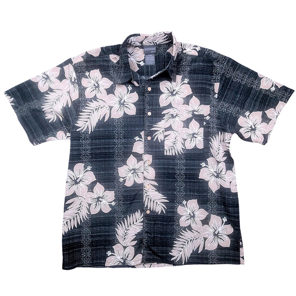 Black Tan‎ Hibiscus Tribal Hawaiian Shirt Mens Large Y2K Aloha Extreme Gear